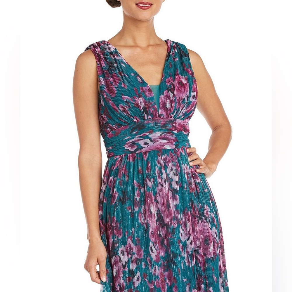 NWT R&M Richards Nightway Lurex Mesh Floral Maxi Dress Teal Color Size 10 - Picture 3 of 9